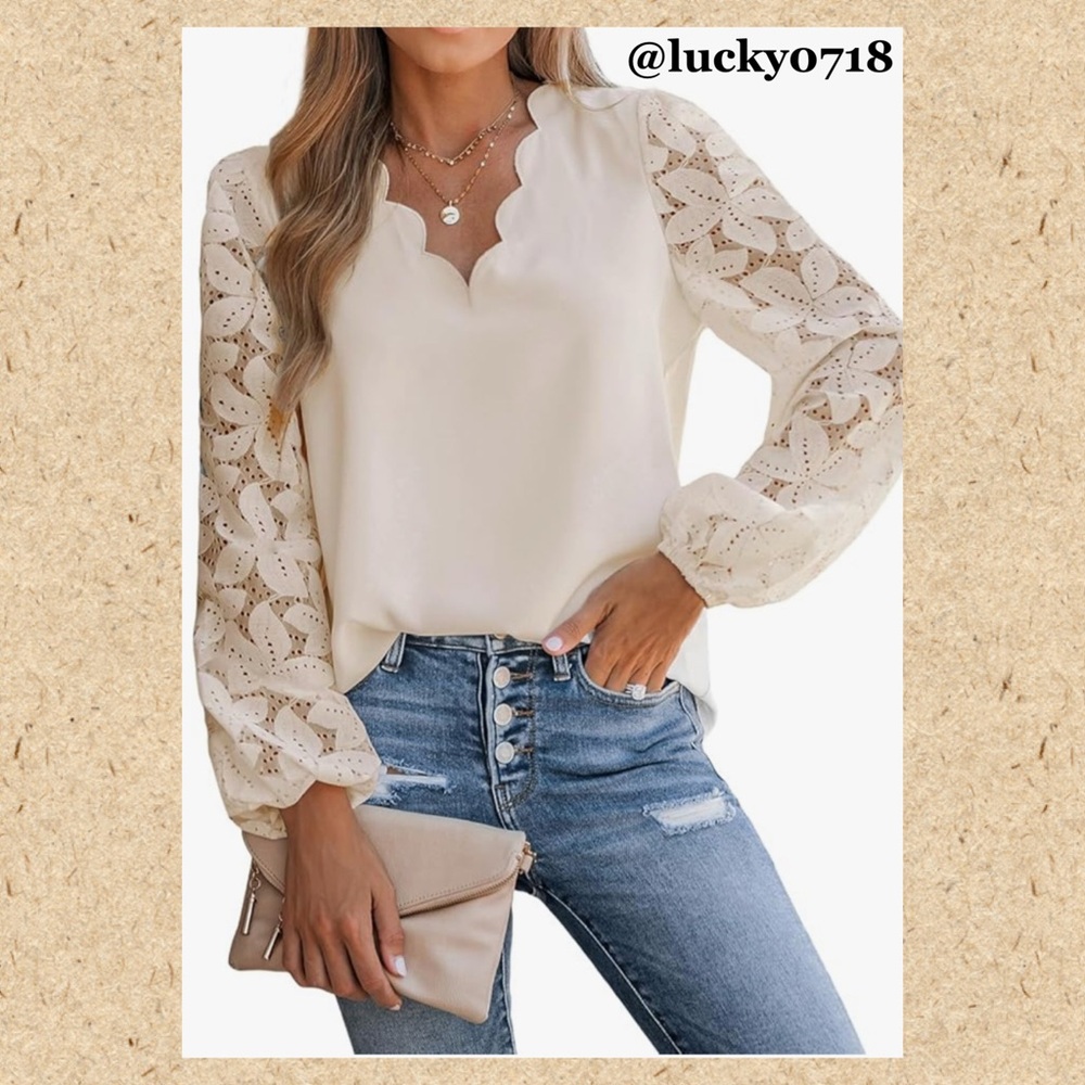 CUPSHE NWOT Ivory Long Sleeve Eyelet Scalloped V-Neck Blouse Sz S